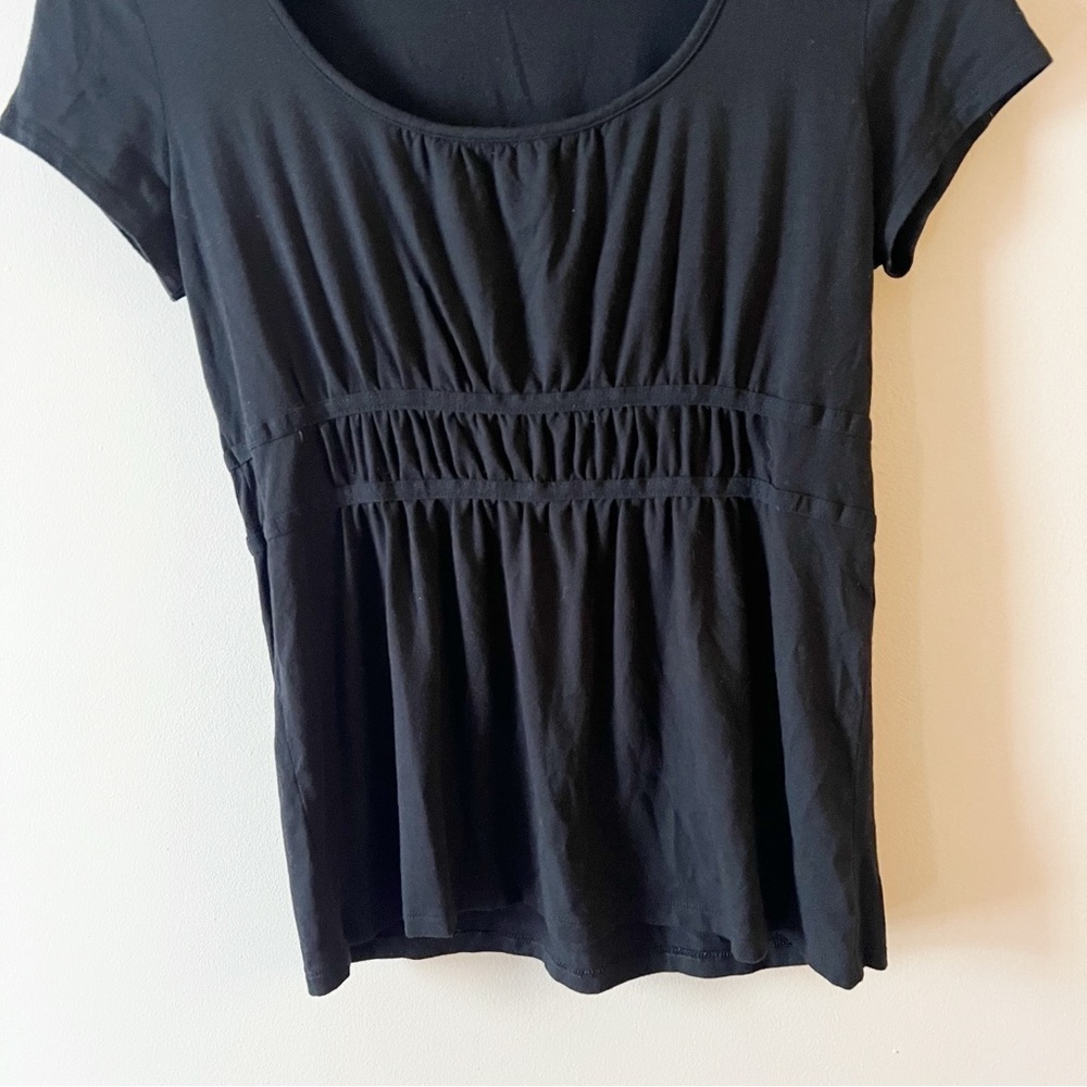 Ann Taylor Modal Black Short Sleeve Top Ruched Front Size Small Round Neck - Picture 3 of 8